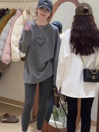 韩系爱心印花磨毛长袖T恤女2025春秋新款小个子宽松德绒打底上衣#女上衣