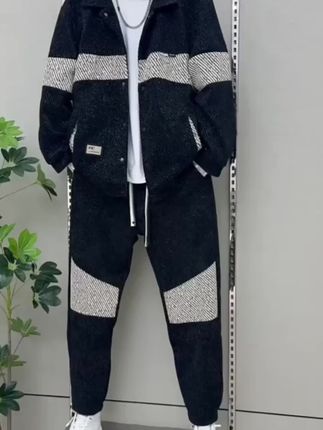 秋季新款雪尼尔撞色拼接运动套装欧货百搭休闲翻领外套长裤两件套