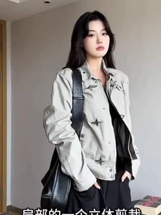 秋季解构设计飞机扣翻领夹克男女款美式复古 vintage 短宽做旧外套