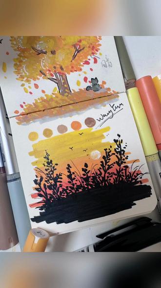 有手就会画的🍂秋日小画#传递一下正能量 #丙烯马克笔 #画画的baby #画画其实很简单 #画画