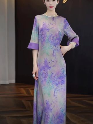 夏季女装优雅气质高级感紫色连衣裙长裙新中式穿搭