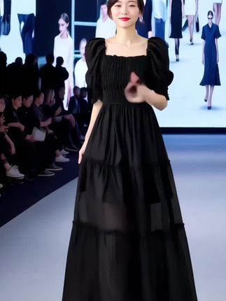 胖mm黑色泡泡袖方领赫本风连衣裙女2025夏大码收腰显瘦气质长裙子#义乌帅帅租房 #打豆浆配什么料补气补血 #踏马向自由女生版 #闻鸡起舞挑战赛 #同创公寓