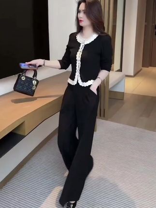 时尚长袖套装女2025春秋新款小香风蕾丝拼接T恤阔腿裤显瘦两件套#套装 #小香风套装 #阔腿裤 #长袖t恤 #新款时尚女装