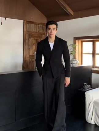 【DAY NY 休闲韩版秋季黑色戗驳领不褪色西服上装平驳领西服#男士衣服