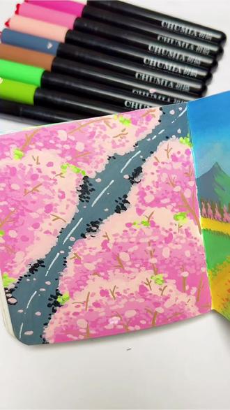 春天的樱花🌸,是一场粉色的浪漫。#跟着抖音学画画#春天的色彩#春天请你画朵花#小清新治愈系画作分享#丙烯马克笔绘画
