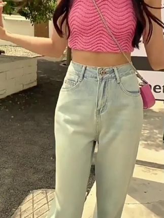 拉夏贝尔浅色窄版阔腿牛仔裤女秋季2025新款高腰宽松直筒拖地裤子