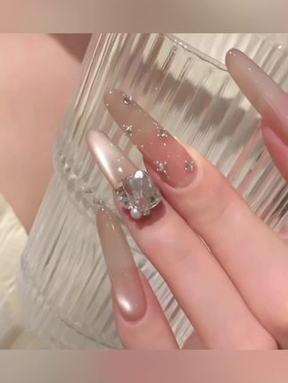 JDD【柔粉钻光-12甲】爆闪钻球显白法式猫眼纯手工美甲穿戴甲中长款#美甲💅 #日式美甲 #手绘美甲 #爆闪美甲 #美甲款式