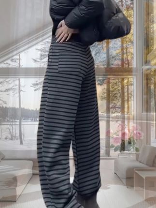 【胖mm大码复古条纹针织阔腿裤女春秋冬高腰宽松显瘦慵懒垂感休闲裤#阔腿裤#条纹阔腿裤#休闲阔腿裤