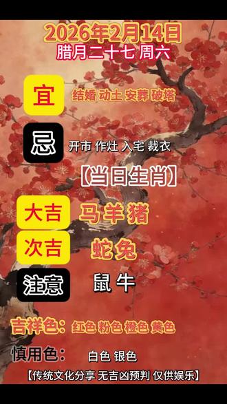 #生肖 #日历 #老黄历 #热门 2026年2月14日,每日运势早知