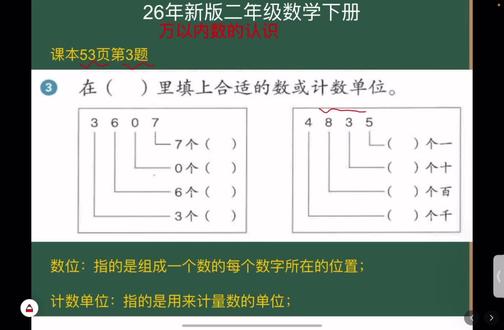 第33集《习题课》万以内数的认识课本53页第3题区分计数单位和数位顺序#小学数学 #数学思维 #二年级数学下册 #家长收藏孩子受益 #易错题