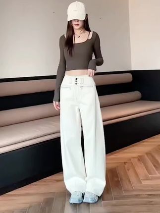罗马假日弯刀裤阔腿牛仔裤女春季2025年新款感直筒时髦裤子#牛仔裤 #春秋新款 #休闲裤 #百搭阔腿裤 #弯刀裤