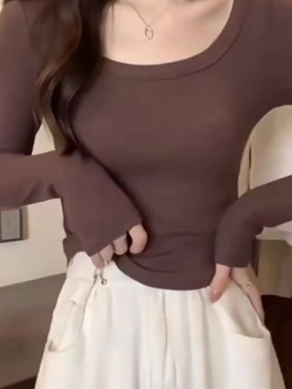 #秋季U领长袖打底衫#收腰百搭纯色上衣#秋季打底上衣#秋季长袖#长袖打底