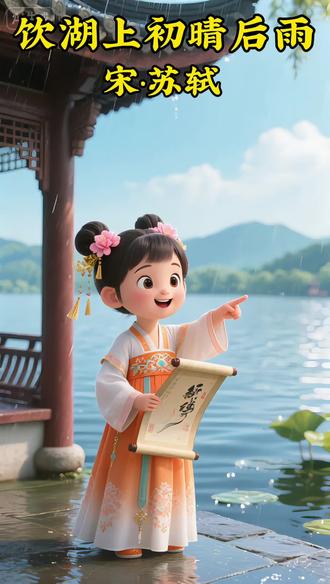 #饮湖上初晴后雨 #原创视频 #启蒙早教 #即梦ai 水光潋滟晴方好,山色空蒙雨亦奇。