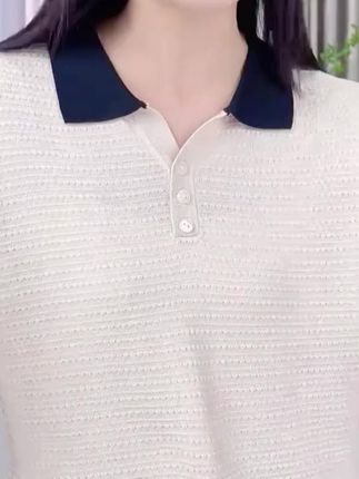 天丝100%翻领短袖纯色洋气宽松休闲针织T恤夏季简约套头百搭时尚@DOU+小助手