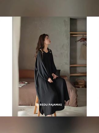 热妒黑色宽松睡裙女春秋纯棉长裙带胸垫大码睡衣家居服#睡裙女 #纯棉睡衣 #带胸垫睡衣 #大码睡衣