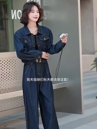 休闲时尚工装牛仔套装女2025春秋季新款韩系高腰显瘦阔腿裤两件套#春秋新款穿搭 #谁穿谁好看又洋气又显瘦