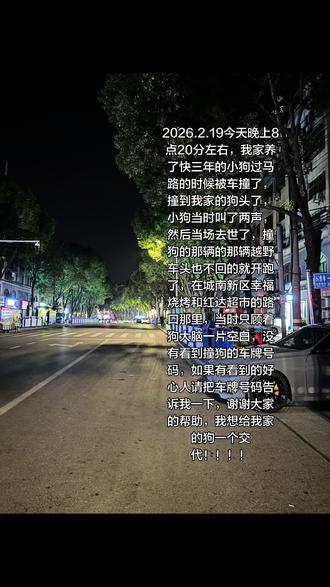 #狗出车祸 #狗是人类最忠诚的朋友 #求助广大网友 #狗是人类最忠诚的朋友请善待它#肇事逃逸
2026.2.19晚8:20,我的狗狗被撞身亡,肇事车逃逸,求目击者!三年陪伴,一秒阴阳相隔!2026.2.19今天晚上8点20分左右,我家养了快三年的小狗过马路的时候被车撞了,撞到我家的狗头了,小狗当时叫了两声,然后当场去世了,撞狗的那辆的那辆越野车头也不回的就开跑了,在城南新区幸福烧烤和红达超市的路口那里,当时只顾着狗大脑一片空白,没有看到撞狗的车牌号码,如果有看到的好心人请把车牌号码告诉我一下,谢谢大家的帮助,我想给我家的狗一个交代!!!! 我家的狗平常特别听话,特别乖,我舍不得你离开我们,你是我们的精神寄托也是我们的家庭成员,谢谢大家的帮助😭😭😭