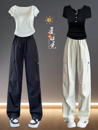 夏日穿搭焦虑?这条美式工装裤直接封神!薄款直筒设计太懂夏天了,透气速干面料,运动暴走都不闷汗,简直是怕热星人福音~  降落伞阔腿版型+脚口抽绳两穿,束脚酷飒/阔腿慵懒一键切换,悄悄拉长腿型,显瘦buff叠满!优质面料上身超舒服,还能勾勒曲线,随便搭件T恤都潮到炸街~  夏天想穿得舒服又出片?这条闭眼冲!#显高显瘦显腿长 #酷女孩穿搭 #工装裤 #显高显瘦显腿长 #不挑年龄不挑身材