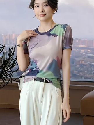 夏季网纱短袖女款爆款2025新款洋气衣服高档气质纱衣t恤时髦上衣#夏季穿搭 #夏天该有的样子 #简约穿搭 #别致漂亮洋气小衫 #穿出自己的风格