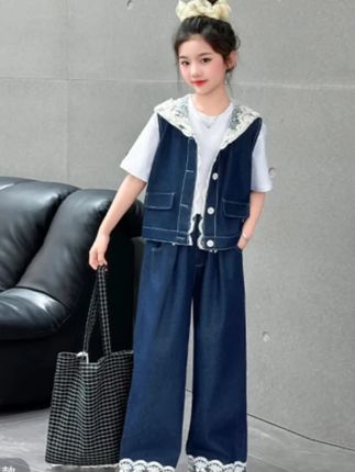 女童夏季薄款套装2025新款洋气韩系中大童儿童夏装牛仔马甲三件套#套装穿搭 #牛仔套装#好物分享