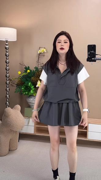 炸街灰色上衣短裤套装2026年微胖大码女休闲上衣+短裤时尚套装#面料柔软舒适 #遮肉显瘦 #套装 #面料舒适透气 #两件套
