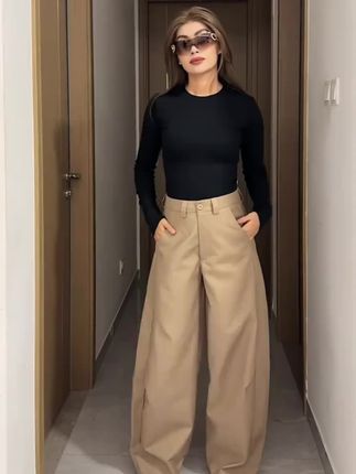 美式卡其色工装口袋阔腿裤2025秋季新款西装裤女宽松弯刀休闲裤子#阔腿裤 #休闲 #裤子 #西装 #卡其色