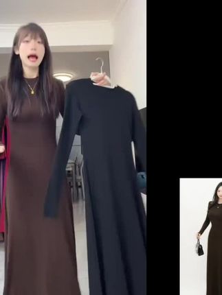 黑色圆领长袖打底女连衣裙早秋气质收腰显瘦长款大摆连衣裙