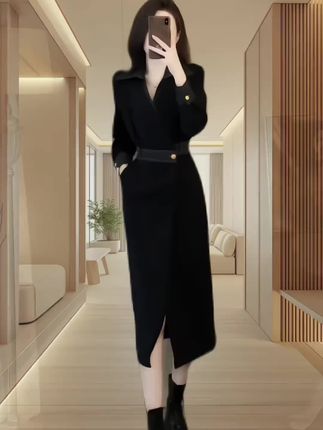 春秋赫本风高知穿搭大方得体的小黑裙显瘦收腰长袖连衣裙子女长裙