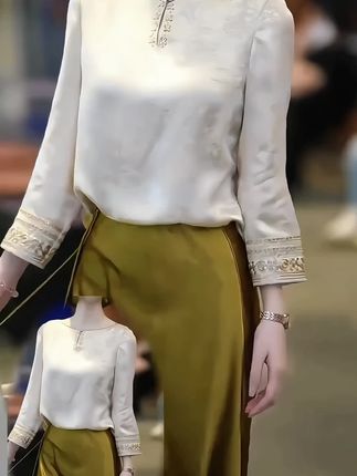 新中式杏色七分袖衬衫女2025秋季新款国风提花高级感气质大码上衣