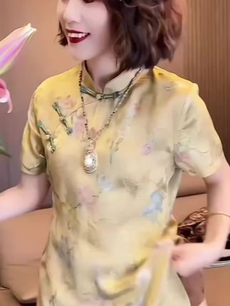 新中式刺绣时尚印花衬衫女士2025夏季新款中国风气质黄色盘扣衬衣