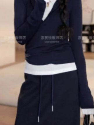 网红洋气女装春夏气质假两件连帽长袖T恤上衣女百搭显瘦卫裙套装#时尚套装#休闲套装#洋气套装#减龄套装#气质套装