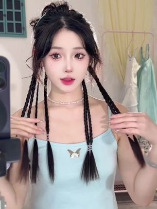 #丸子头假发#女款氛围感花苞龙须丸子头假发#半扎拳击辫#麻花辫假发#发饰头饰