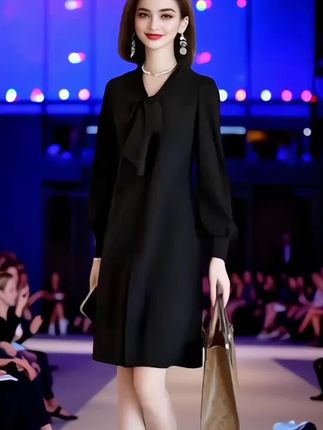 黑色优雅职场风连衣裙女装大码胖MM2025年秋季款V领宽松时尚长裙