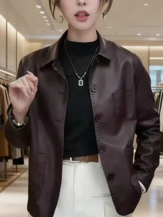 【单里衬】海宁正品2025春秋新款时尚休闲翻领气质皮衣外套女