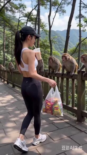 猴哥又出来欺负美女了😂😂 #猴子搞笑视频#猴哥#整蛊#瑜伽裤#美女