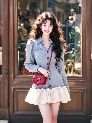 #港风复古设计感拼接牛仔连衣裙女2025秋季新 款修身收腰显瘦短裙子#韩系氛围感穿搭 #气质女神范儿 #韩系氛围感穿搭 #减龄穿搭