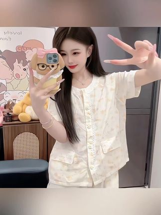 (可爱鸭)夏季新款可爱休闲显瘦纯棉短袖透气家居服圆领套装可外穿#纯棉睡衣 #睡衣家居服 #夏季穿搭