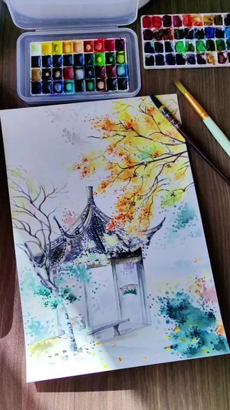 植物园的小亭子#画画 #水彩 #古风 #手绘 #原创