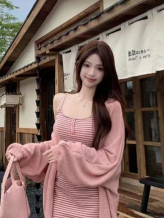【慵懒韩女】秋季纯欲慵懒风吊带连衣裙针织开衫22605#今天穿什么#慵懒风穿搭#吊带背心裙#针织开衫套装#谁穿谁好看系列