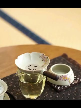 手绘桂花茶漏茶滤全瓷孔过滤网滤茶一体公道杯过滤网泡茶神器木柄#茶漏