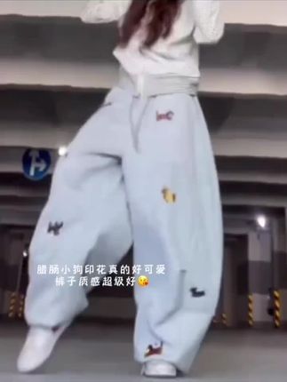 美式复古腊肠小狗刺绣弯刀卫裤女宽松慵懒风垂坠感街舞褶皱休闲裤