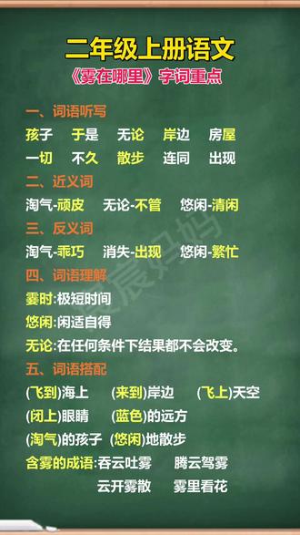 二年级上册语文,雾在哪里,字词重点,家长收藏保存。#知识分享 #知识点总结 #小学语文 #家长收藏 #二年级
