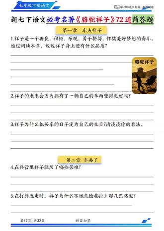 七年级家长注意!《骆驼祥子》名著阅读题总丢分?这份72道简答题太对症!按章节拆解高频考点,每道题都配详细答案,从人物分析到情节解析,覆盖考试所有题型,每天练5题,轻松吃透名著核心,开学应对考试更从容!#骆驼祥子知识点 #骆驼祥子简答题 #骆驼祥子考点 #七下语文必读名著 #七下语文寒假预习