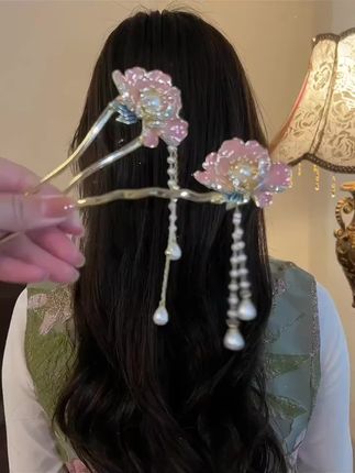 中式流苏簪子珐琅彩国风旗袍牡丹花u型发簪高级感气质发古风簪子#分享 #今日分享 #网红发饰 #古风发簪 #头发头饰