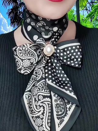【腰果花】百搭护颈时尚黑白长条丝巾细飘带女士气质洋气双层#丝巾 #丝巾系法大全 #长条丝巾系法 #美丽丝巾搭配 #时尚穿搭