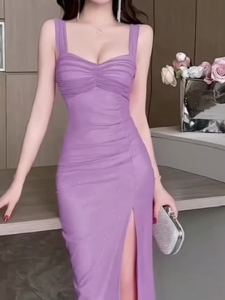 夜店纯欲性感网纱吊带连衣裙女高级感高端宴会气质开叉礼服长裙子#性感穿搭#高级感穿搭 #气质这一块拿捏死死的 #网纱裙