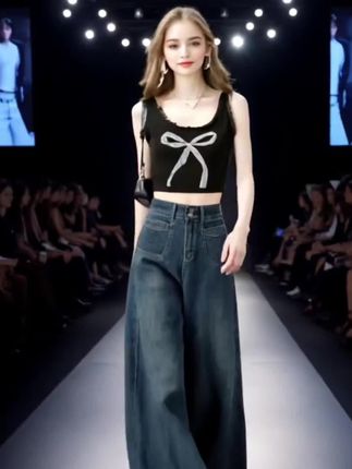 深蓝色阔腿牛仔裤女款爆款2025新款秋季加绒小个子宽松直筒拖地裤#高端大气 #与众不同 #引领时尚潮流