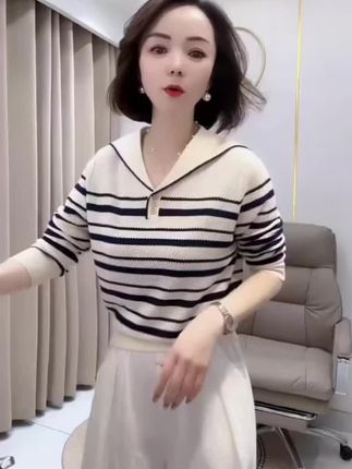 #【80-160斤】海军领翻领条纹套头针织衫2025秋冬打底长袖上衣女318