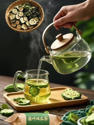 《桑叶双瓜茶;自然的健康馈赠》桑叶双瓜 茶,乃大自然的养生妙品。它以桑叶、冬瓜 干、苦瓜干精心配比而成。热水入壶,茶香四 溢。轻嗅,芬芳交织。浅尝,桑叶淡雅、冬瓜 清甜、苦瓜清苦交融,滋味独特。这不仅是 茶,更是健康享受。于品味间,领路养生之 趣,感受自然馈赠,让身心在茶香中舒缓。#喝养生茶#桑叶双瓜茶#桑叶茶好处多多#苦瓜桑叶冬瓜茶#冬瓜桑叶苦瓜茶