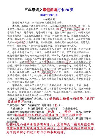 五年级寒假作业语文阅读理解20天打卡训练